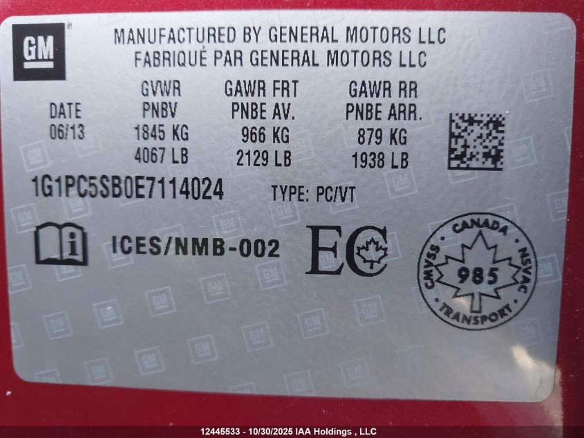 2014 Chevrolet Cruze 1Lt VIN: 1G1PC5SB0E7114024 Lot: 12445533