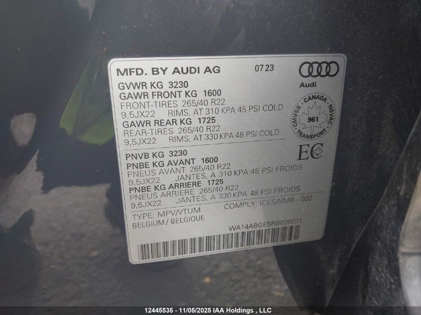 2024 Audi Q8 E-Tron VIN: WA14ABGE5RB026021 Lot: 12445535