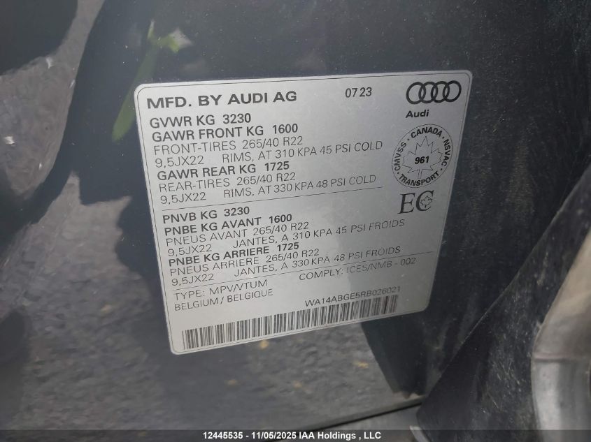 2024 Audi Q8 E-Tron VIN: WA14ABGE5RB026021 Lot: 12445535