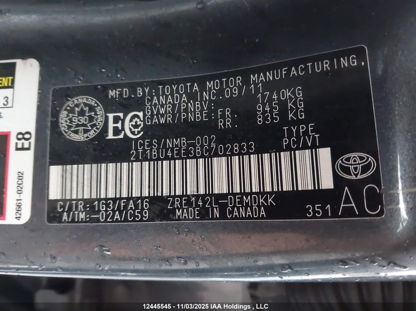 2T1BU4EE3BC702833 2011 TOYOTA COROLLA photo no. 9