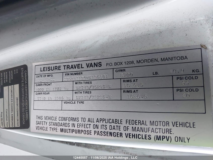 2B6KB31Z9WK156101 1998 DODGE RAM VAN photo no. 18