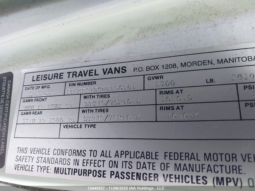 2B6KB31Z9WK156101 1998 DODGE RAM VAN photo no. 9