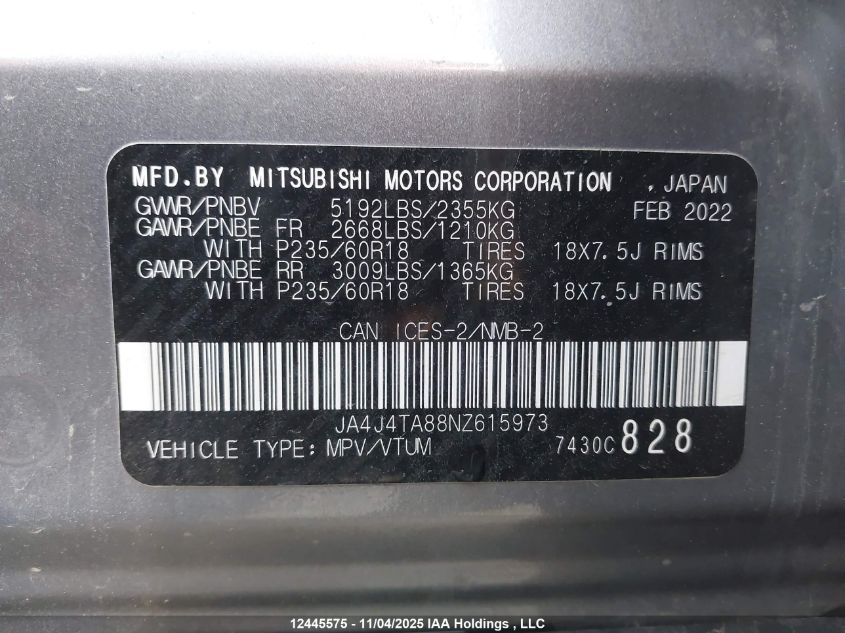 2022 Mitsubishi Outlander Es VIN: JA4J4TA88NZ615973 Lot: 12445575