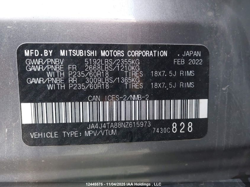 2022 Mitsubishi Outlander Es VIN: JA4J4TA88NZ615973 Lot: 12445575