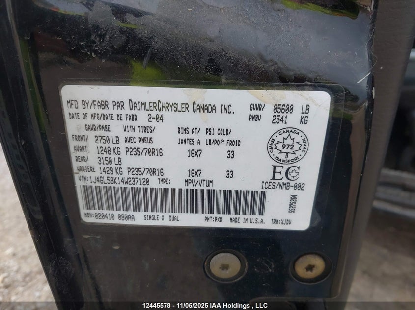 1J4GL58K14W237120 2004 JEEP LIBERTY (NORTH AMERICA) photo no. 9