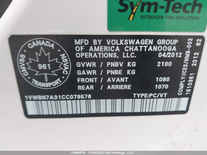 2012 Volkswagen Passat Se VIN: 1VWBN7A31CC079576 Lot: 12445579