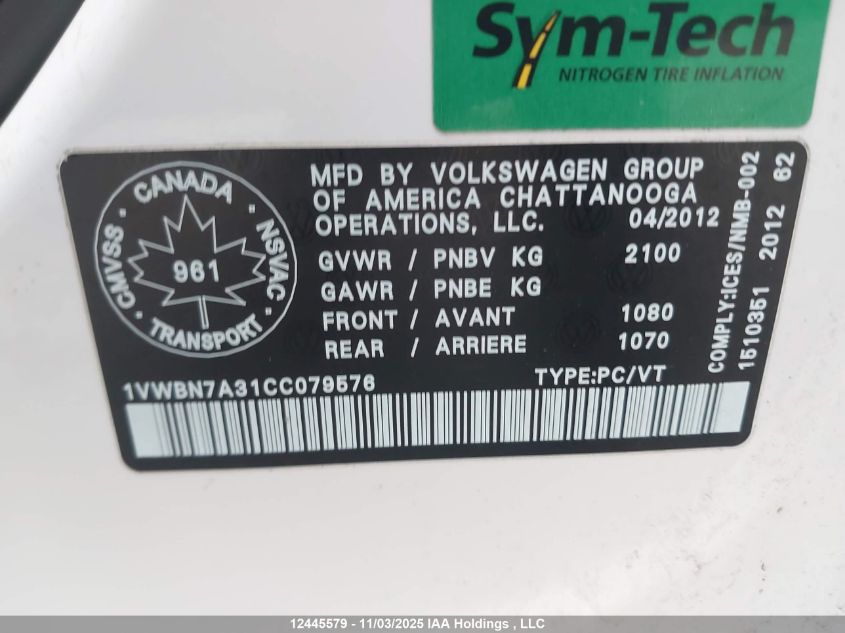 2012 Volkswagen Passat Se VIN: 1VWBN7A31CC079576 Lot: 12445579