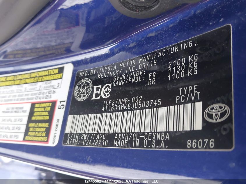 2018 Toyota Camry Hybrid Le VIN: 4T1B31HK8JU503745 Lot: 12445582