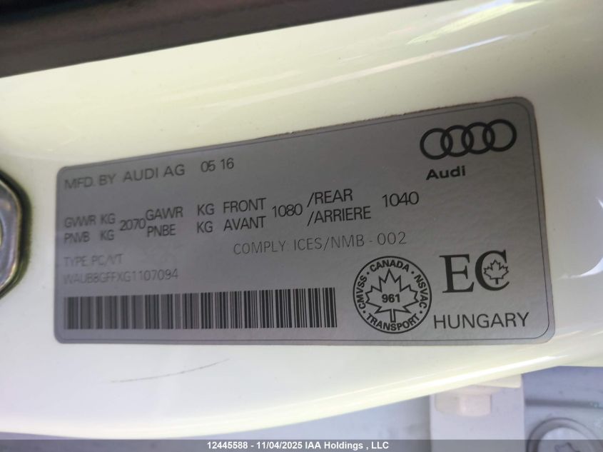 2016 Audi A3 2.0T Komfort VIN: WAUB8GFFXG1107094 Lot: 12445588