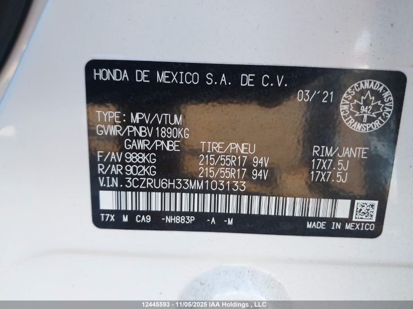 2021 Honda Hr-V Lx VIN: 3CZRU6H33MM103133 Lot: 12445593