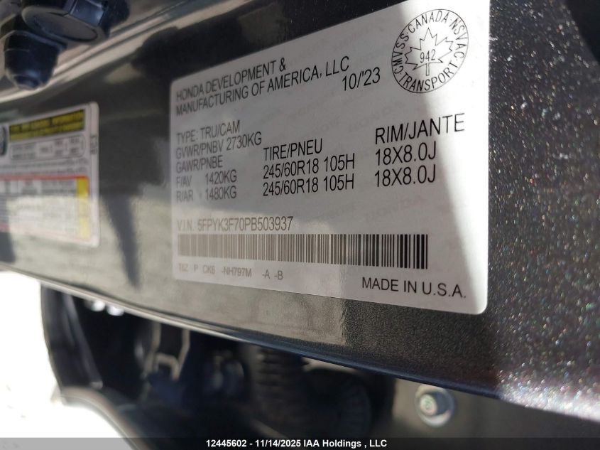 2023 Honda Ridgeline Rtl-E VIN: 5FPYK3F70PB503937 Lot: 12445602