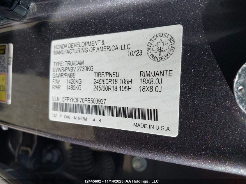 2023 Honda Ridgeline Rtl-E VIN: 5FPYK3F70PB503937 Lot: 12445602