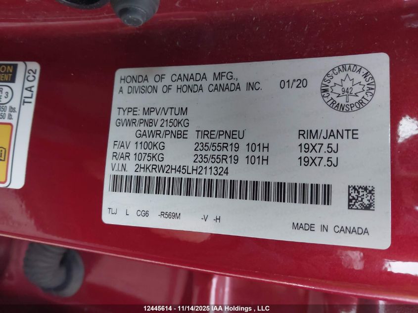 2020 Honda Cr-V Sport VIN: 2HKRW2H45LH211324 Lot: 12445614