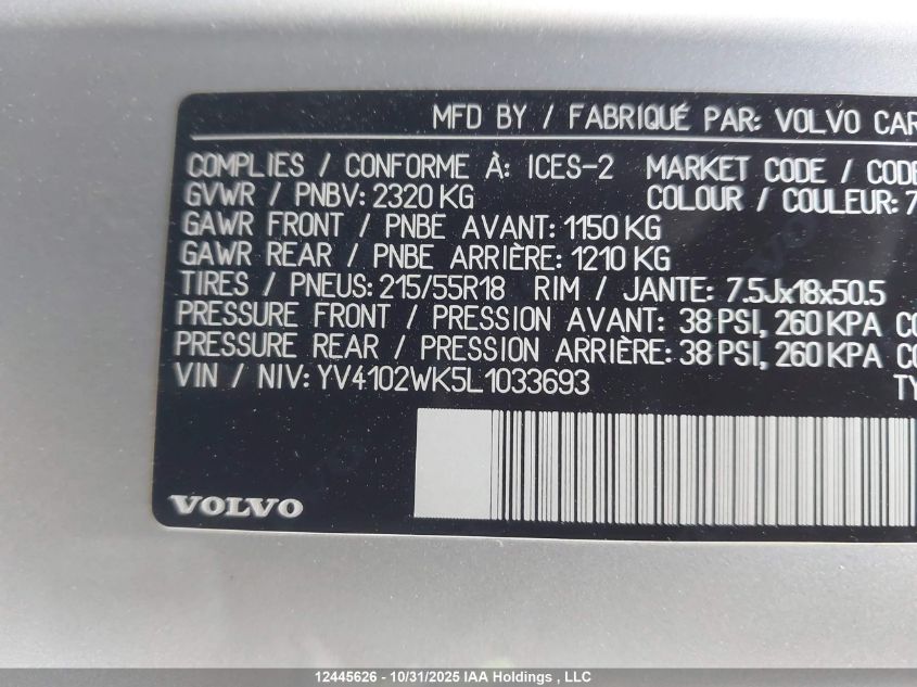 2020 Volvo V60 Cross Country T5 VIN: YV4102WK5L1033693 Lot: 12445626