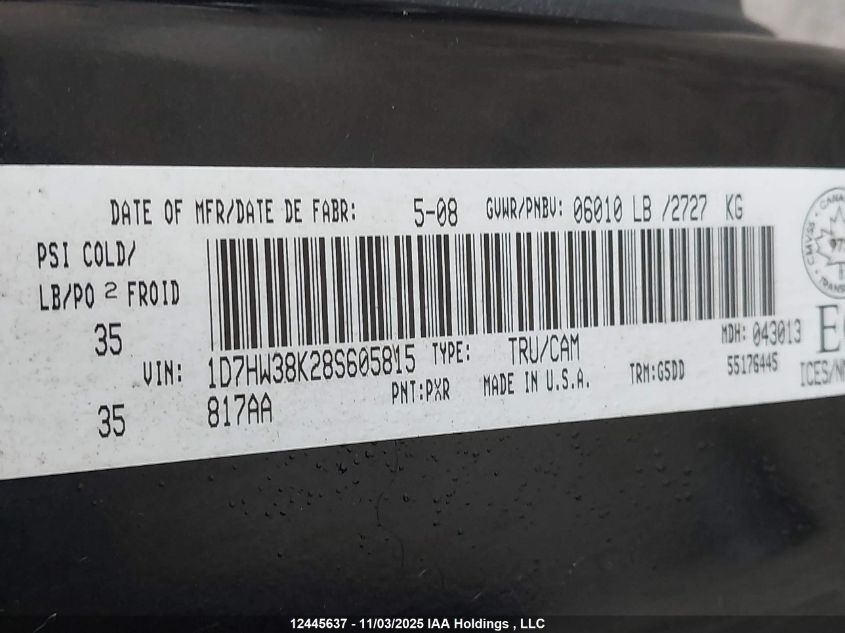 2008 Dodge Dakota Sxt VIN: 1D7HW38K28S605815 Lot: 12445637