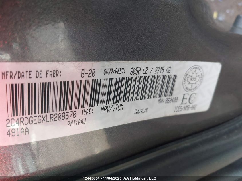 2020 Dodge Grand Caravan Gt VIN: 2C4RDGEGXLR208570 Lot: 12445654