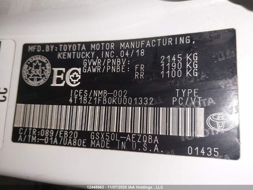 2019 Toyota Avalon Xle/Xse/Limited/Touring VIN: 4T1BZ1FB0KU001332 Lot: 12445663