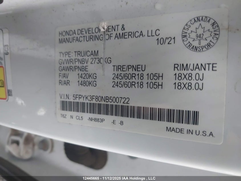 5FPYK3F80NB500722 2022 HONDA RIDGELINE photo no. 9