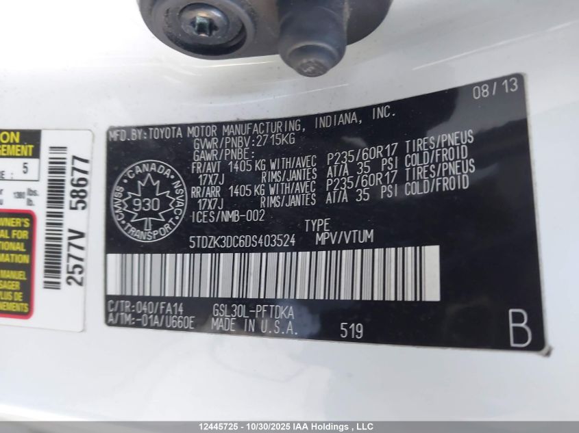 2013 Toyota Sienna VIN: 5TDZK3DC6DS403524 Lot: 12445725