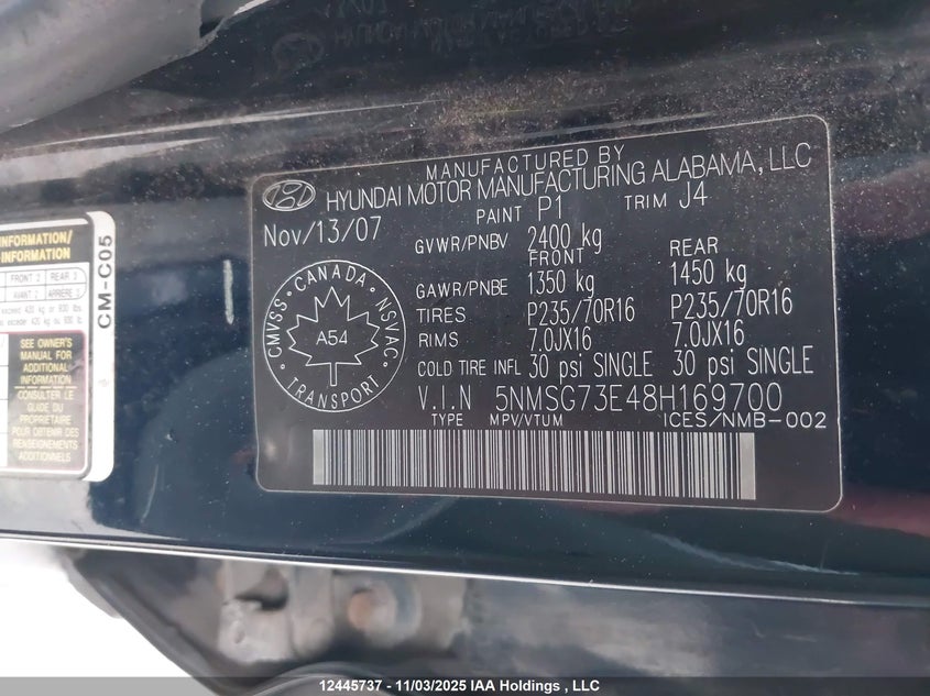 5NMSG73E48H169700 2008 HYUNDAI SANTA FE photo no. 18