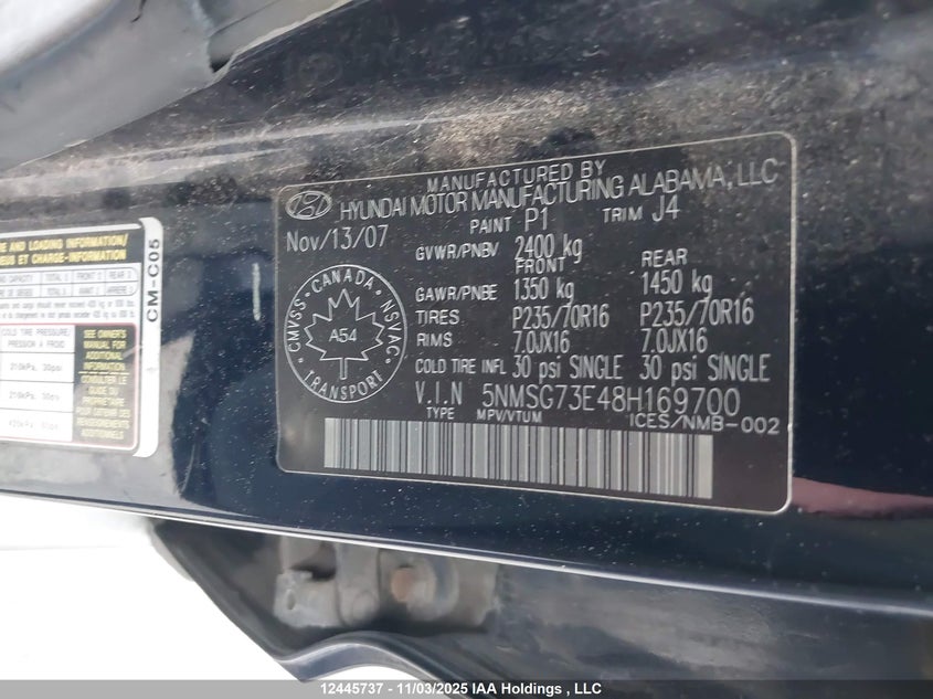 5NMSG73E48H169700 2008 HYUNDAI SANTA FE photo no. 9