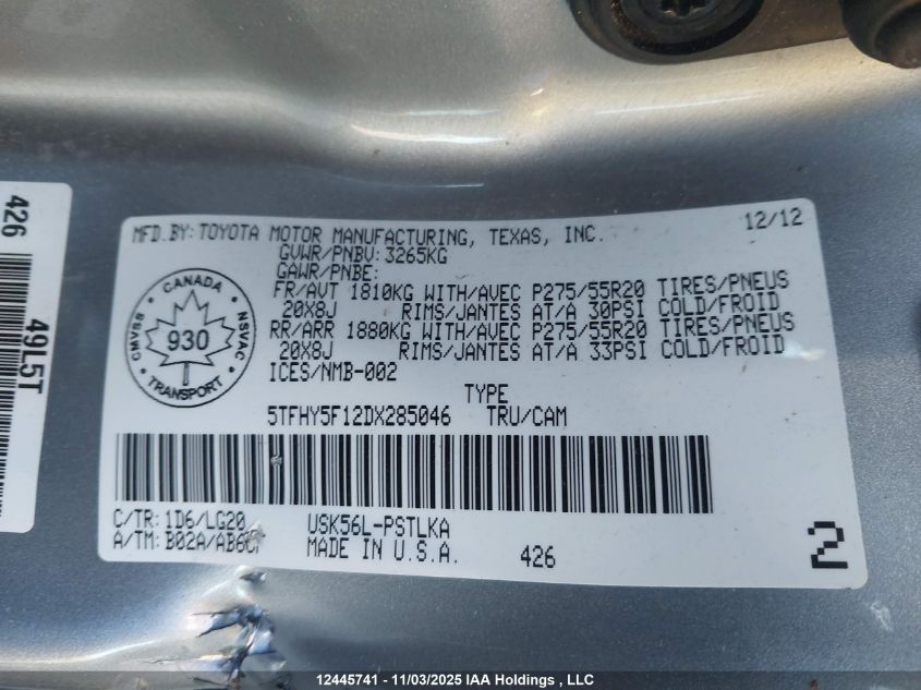 2013 Toyota Tundra Platinum 5.7L V8 VIN: 5TFHY5F12DX285046 Lot: 12445741