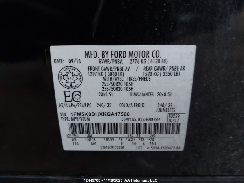 2019 Ford Explorer Xlt VIN: 1FM5K8DHXKGA17506 Lot: 12445765