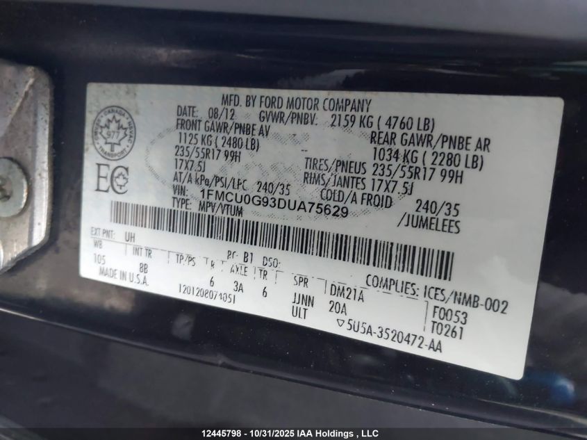 2013 Ford Escape Se VIN: 1FMCU0G93DUA75629 Lot: 12445798