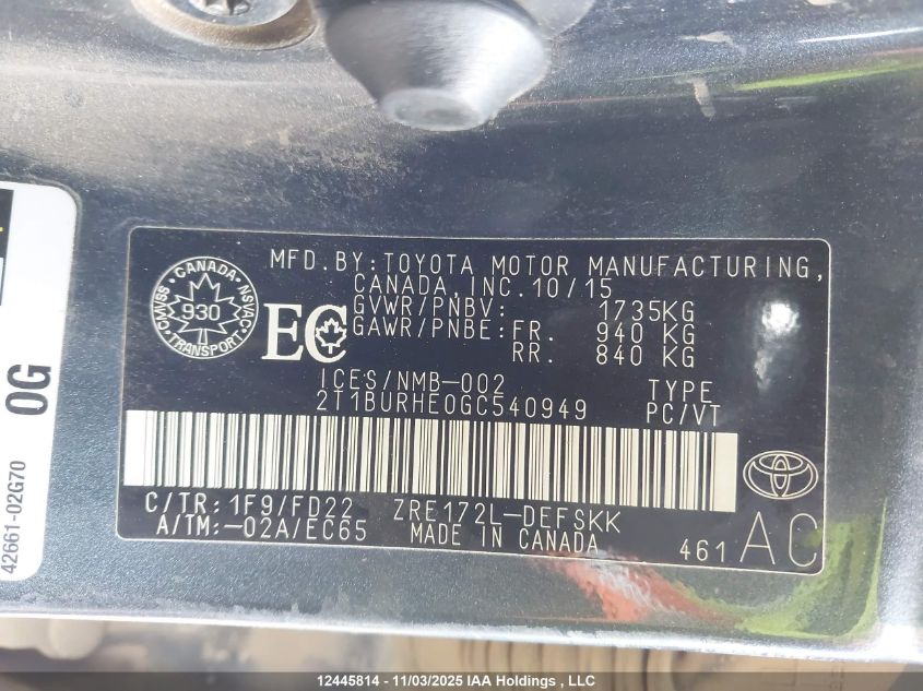 2016 Toyota Corolla L/Le/Le Pls/Prm/S/S Pls VIN: 2T1BURHE0GC540949 Lot: 12445814