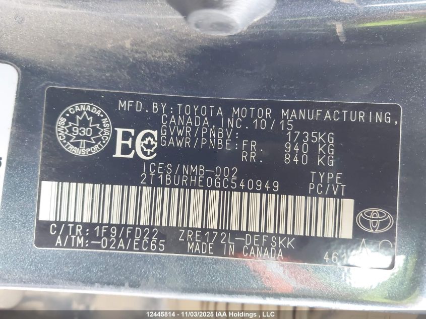 2016 Toyota Corolla L/Le/Le Pls/Prm/S/S Pls VIN: 2T1BURHE0GC540949 Lot: 12445814