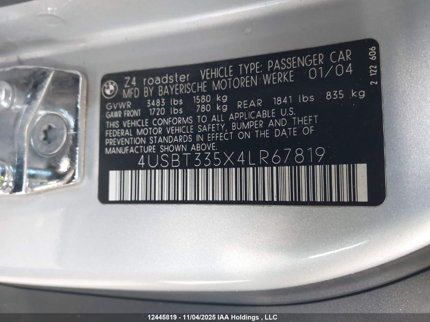 2004 BMW Z4 2.5 VIN: 4USBT335X4LR67819 Lot: 12445819