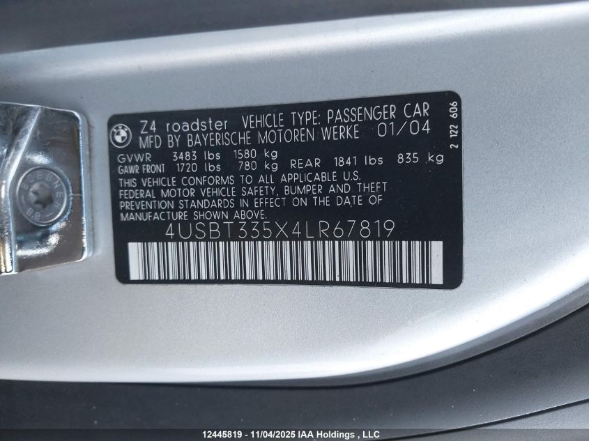 2004 BMW Z4 2.5 VIN: 4USBT335X4LR67819 Lot: 12445819