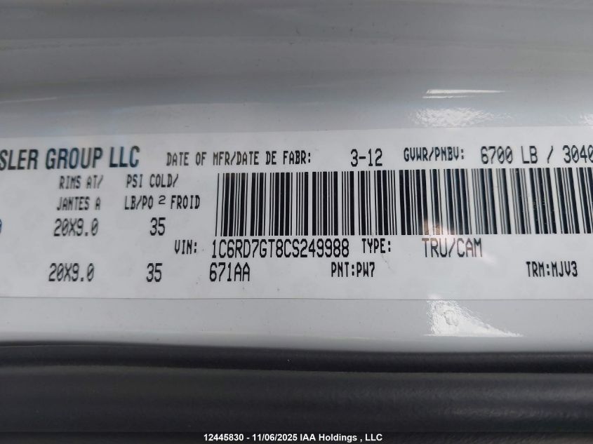 2012 Ram 1500 Slt VIN: 1C6RD7GT8CS249988 Lot: 12445830