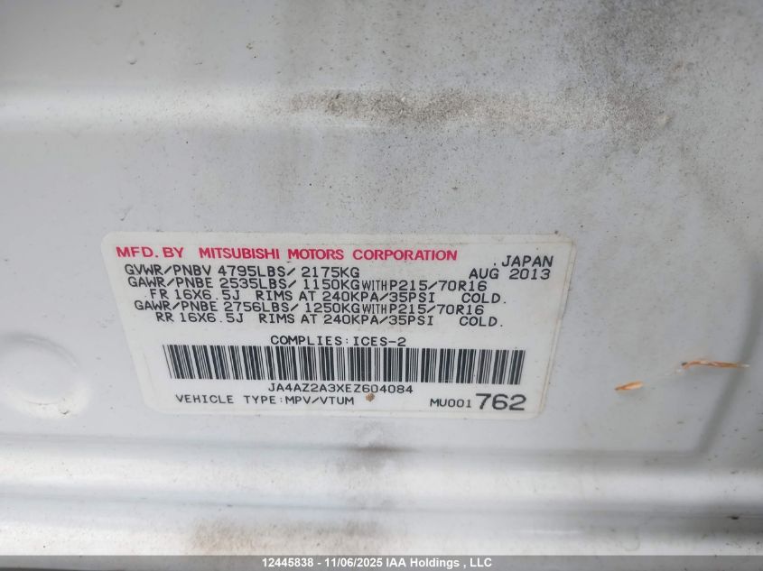 2014 Mitsubishi Outlander VIN: JA4AZ2A3XEZ604084 Lot: 12445838