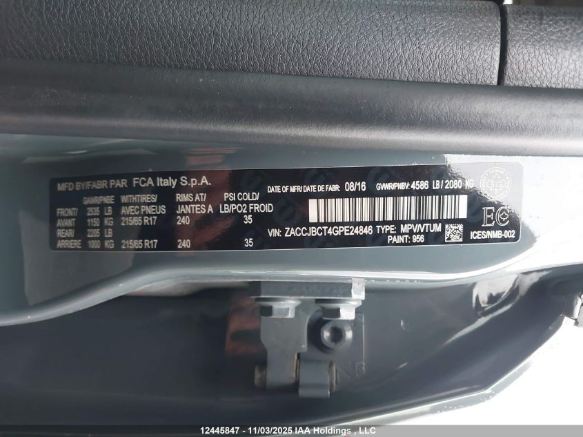 2016 Jeep Renegade Trailhawk VIN: ZACCJBCT4GPE24846 Lot: 12445847