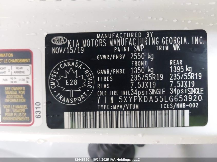 2020 Kia Sorento 3.3L Sx VIN: 5XYPKDA55LG653920 Lot: 12445850