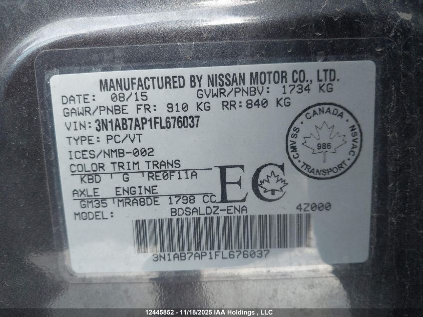 2015 Nissan Sentra 1.8 S/1.8 Sl/1.8 Sr/1.8 Sv VIN: 3N1AB7AP1FL676037 Lot: 12445852