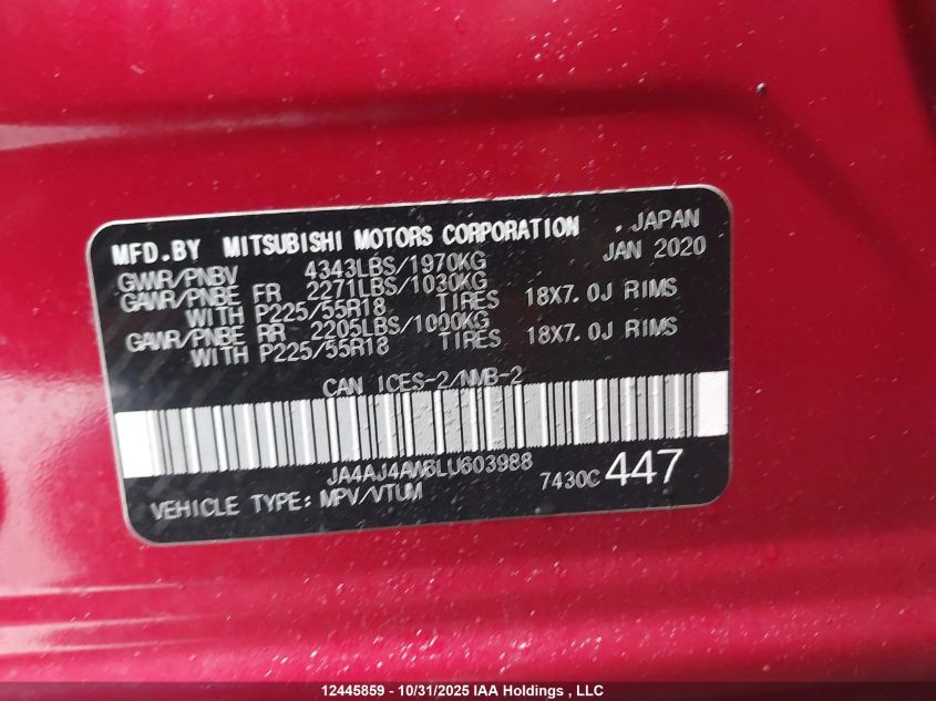 2020 Mitsubishi Rvr Se/Sel/Limited/Gt VIN: JA4AJ4AW6LU603988 Lot: 12445859