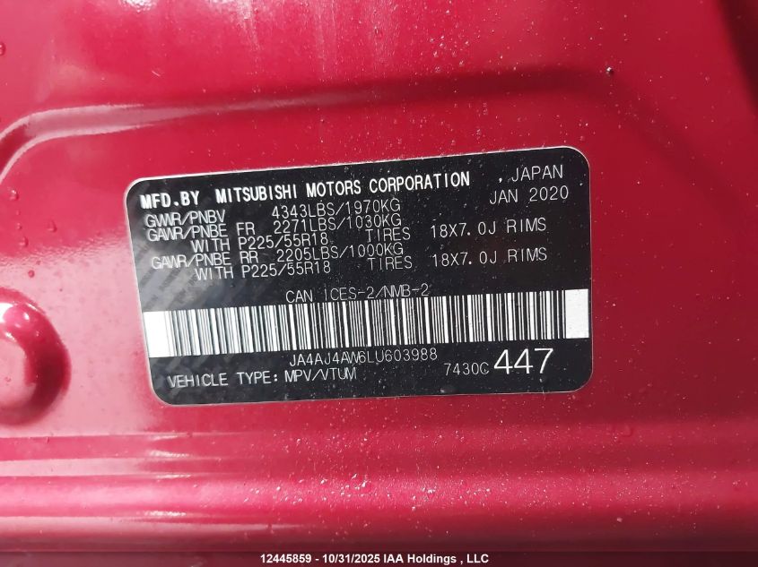 2020 Mitsubishi Rvr Se/Sel/Limited/Gt VIN: JA4AJ4AW6LU603988 Lot: 12445859