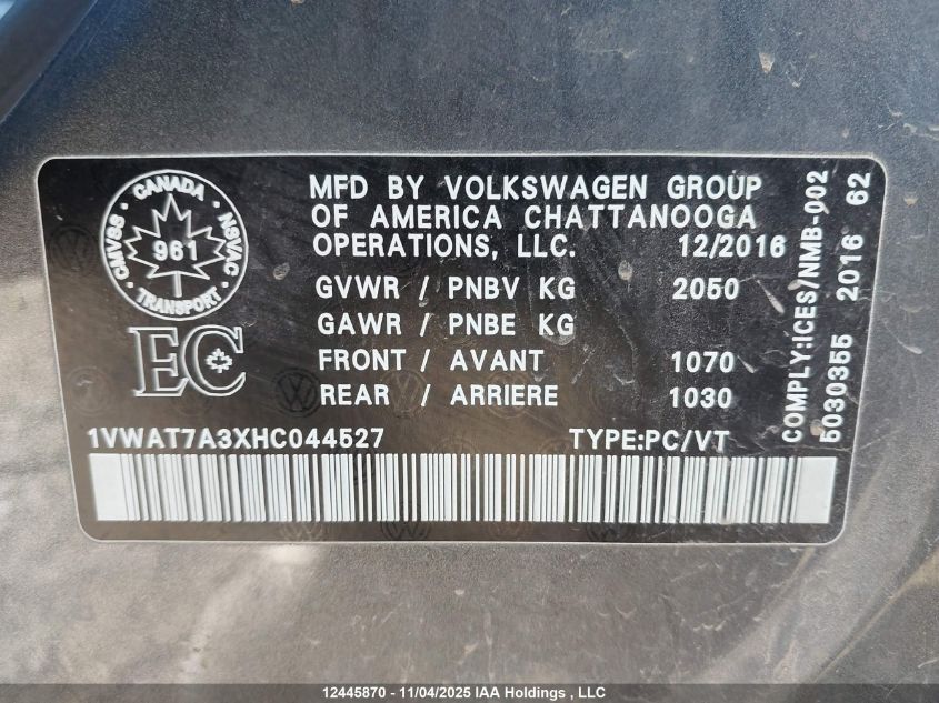 2017 Volkswagen Passat 1.8 Tsi Trendline+ VIN: 1VWAT7A3XHC044527 Lot: 12445870