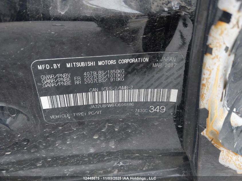 2017 Mitsubishi Lancer Gts VIN: JA32U8FW4HU604886 Lot: 12445875