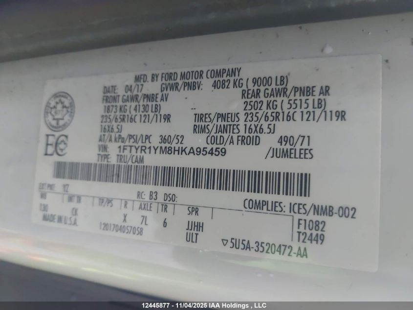 2017 Ford Transit T-250 VIN: 1FTYR1YM8HKA95459 Lot: 12445877