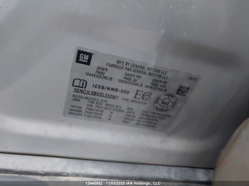 2016 Chevrolet Trax 1Lt VIN: 3GNCJLSBXGL232961 Lot: 12445882