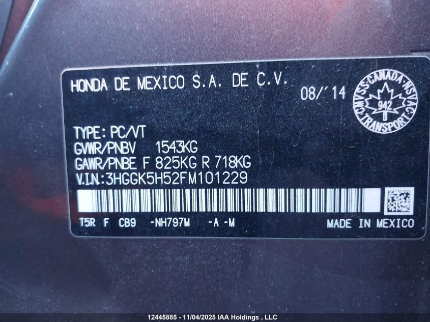 2015 Honda Fit Lx VIN: 3HGGK5H52FM101229 Lot: 12445885