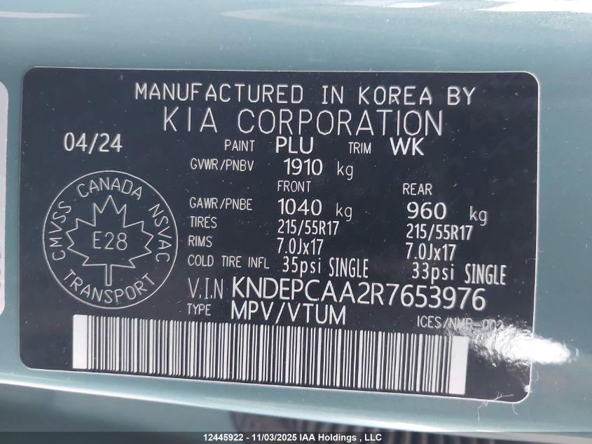 2024 Kia Seltos Lx VIN: KNDEPCAA2R7653976 Lot: 12445922