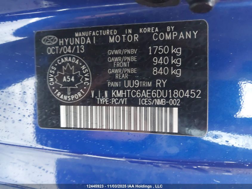 2013 Hyundai Veloster Turbo VIN: KMHTC6AE6DU180452 Lot: 12445923