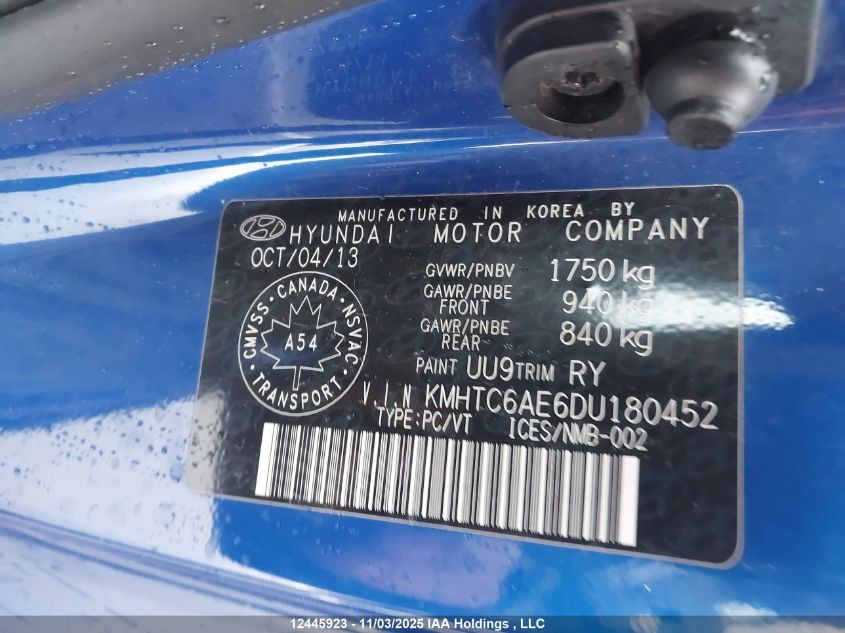 2013 Hyundai Veloster Turbo VIN: KMHTC6AE6DU180452 Lot: 12445923