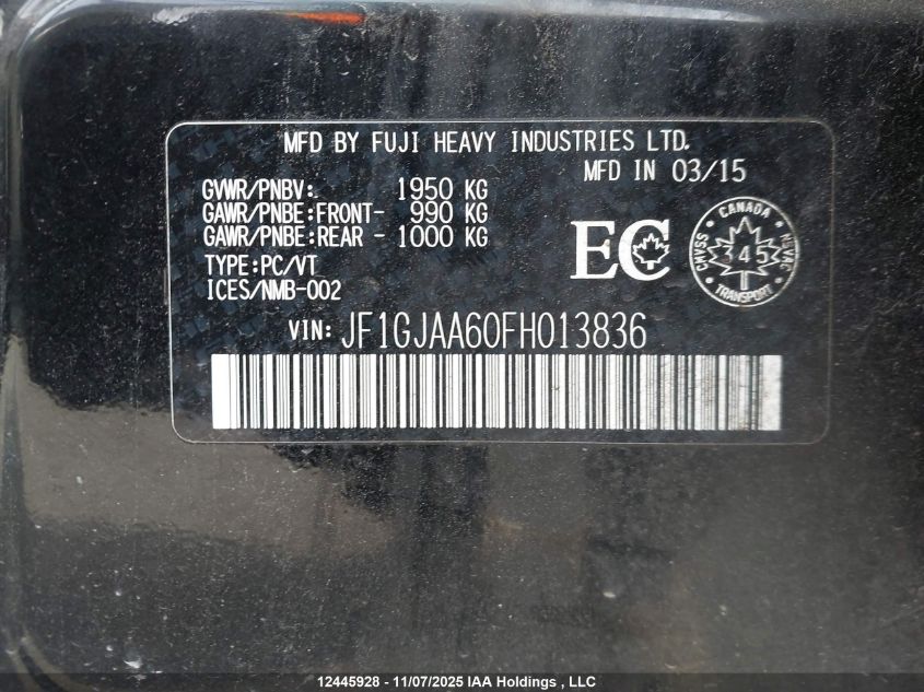 2015 Subaru Impreza VIN: JF1GJAA60FH013836 Lot: 12445928