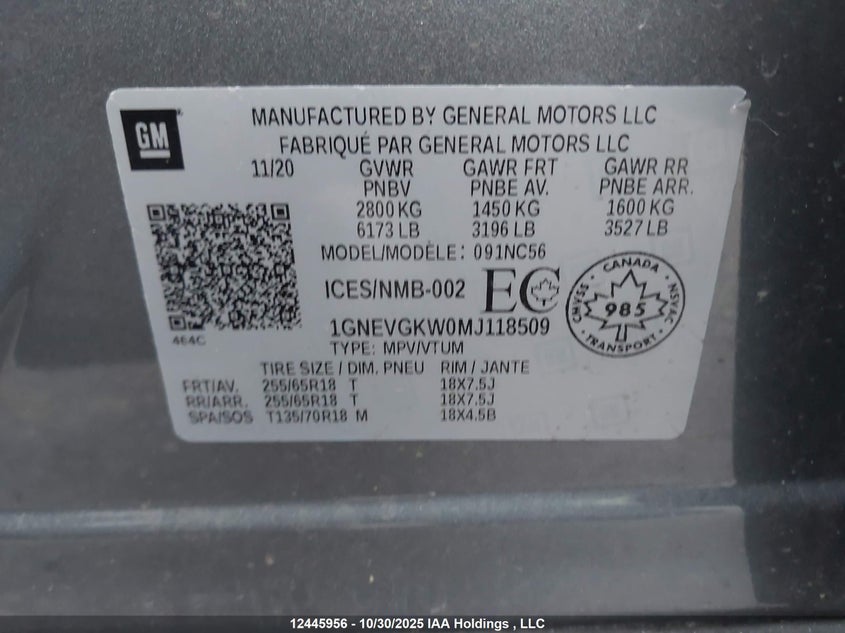 2021 Chevrolet Traverse Lt VIN: 1GNEVGKW0MJ118509 Lot: 12445956