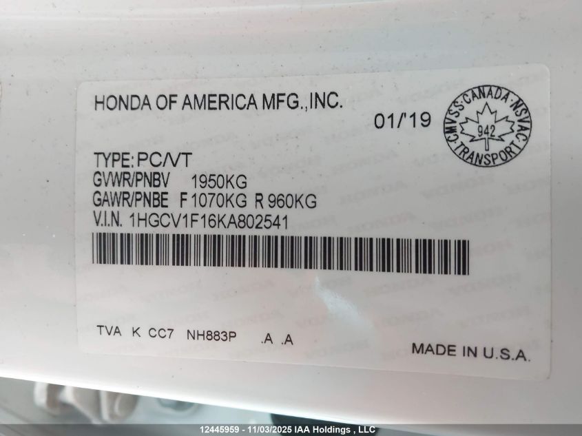 2019 Honda Accord Lx VIN: 1HGCV1F16KA802541 Lot: 12445959